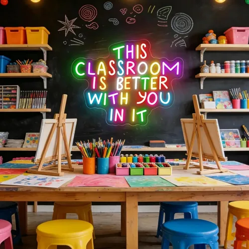 Vista 2 de Letrero de neón multicolor con texto en inglés «This Classroom is Better With You In It» para decoración de pared de aula, alimentado por USB