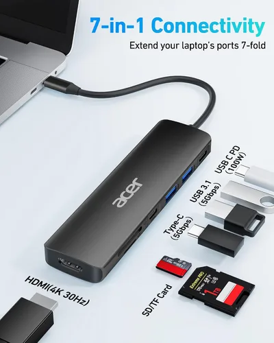 Vista 2 de Acer USB C Hub, Dock USB-C a HDMI 7 en 1, 2 USBA 3.1 GEN1 y puerto de datos Type-C de 5Gbps, puerto HDMI 4K, carga PD de 100W, lector de tarjetas