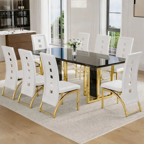 Vista 21 de Juego de mesa de comedor de mármol blanco de 63" para 6 Sillas negras 1