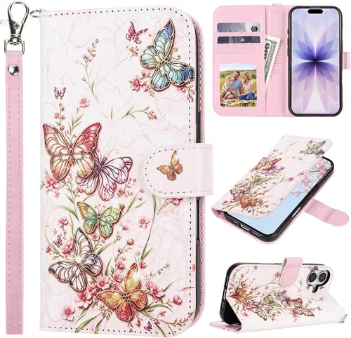 Vista 33 de ULAK Funda tipo billetera compatible con iPhone 15 para mujeres, funda tipo cartera con estampado floral de piel PU premium con porta tarjetas Negro