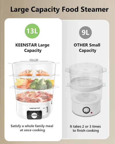 Vista 2 de Vaporizador eléctrico de alimentos para cocinar, vaporizador de verduras de 13.7 cuartos de galón con cestas de 3 niveles sin BPA, cocción