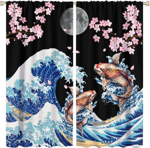 Vista 9 de Koi Fish - Cortinas opacas para cocina, estilo japonés, románticas, con estampado de flores de cerezo, con bolsillo para cortinero, cortinas opacas