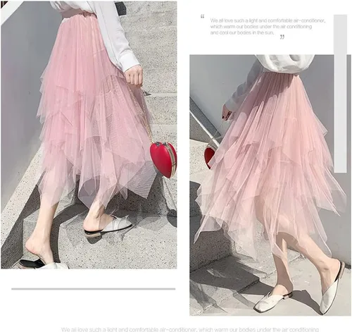Vista 7 de LBKKC - Falda de tul para mujer, diseño formal, largo asimétrico por debajo de la rodilla, pretina elástica, faldas de hadas tipo tutú escalonadas