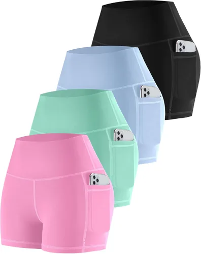 Vista 56 de CHRLEISURE - Pantalones cortos de ciclismo para mujer con bolsillos de licra, cintura alta, con control de abdomen para entrenamiento, yoga