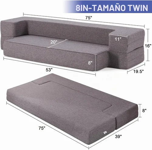 Vista 3 de Lazyzizi Sofá cama de suelo, sofá cama convertible plegable con 2 almohadas y funda lavable para sala de estar, invitados, sala de juegos, 8