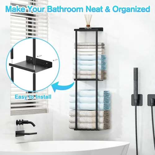 Vista 4 de Liuoud Toallero para Baño, Organizador Portador de Almacenamiento de Toallas Enrolladas Vertical Montado en la Pared con Estante, Sostiene Hasta 6