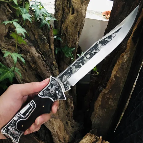 Vista 5 de MADSABRE Cuchillo de cabaña semi plegable grande de 12.7 pulgadas con hoja de 7.9 pulgadas de largo, mango de madera con patrón de relieve 3D
