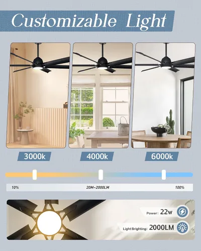 Vista 6 de Ventilador de techo con aspas de aluminio de 60 pulgadas con luz, ventilador inteligente industrial que funciona con Alexa, ventiladores de techo