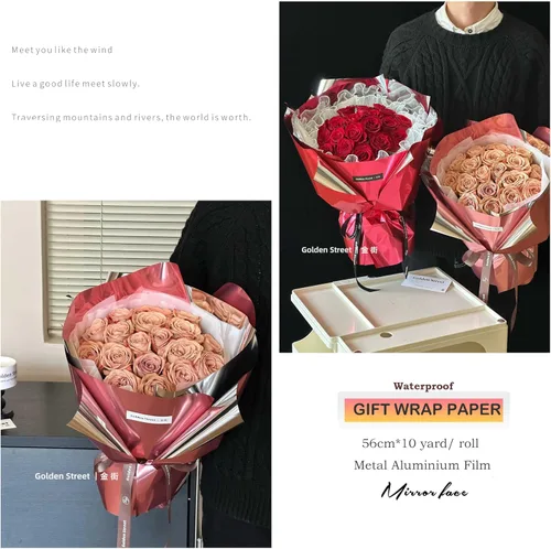 Vista 3 de Rollo de papel de envoltura de regalo de película metálica roja de color liso, para bodas, cumpleaños, Navidad, Día de la Madre, Año Nuevo, baby