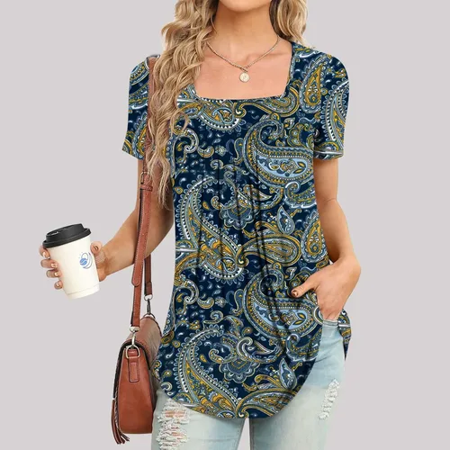 Vista 2 de Camisetas de verano para mujer, elegantes e informales, con cuello cuadrado, estampado floral, lindas camisetas de ajuste holgado, blusas cómodas