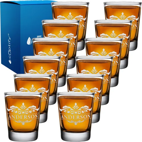 Vista 54 de Vaso de chupito personalizado con nombre de círculo elaborado de 2 onzas, parte inferior negra grabada con texto personalizado para regalos, bodas