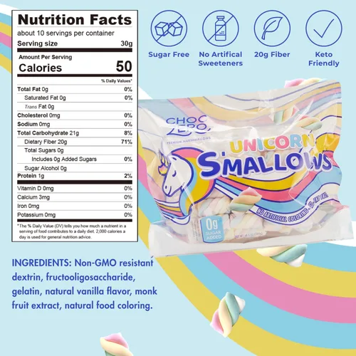 Vista 2 de ChocZero Unicorn Candy Marshmallow Twists, malvaviscos arcoíris sin azúcar, apto para dieta cetogénica, sin gluten, bolsa de 10.5 onzas