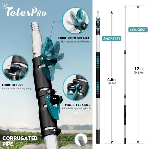 Vista 2 de Kit de plumero de gran alcance de 20 pies TelesPro con poste de extensión de 5-12 pies, kit de limpieza para techos altos y limpieza de ventanas
