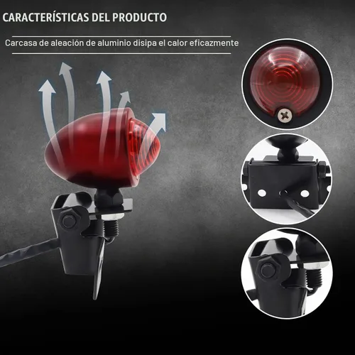 Vista 4 de Luz trasera de bala de motocicleta con soporte de placa de matrícula luz de freno para Cafe Racer Bob-ber Cho-pper personalizado negro rojo luz