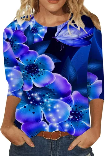 Vista 2 de Blusa estampada de manga tres cuartos para mujer, moda de verano 2024, cuello redondo, informal, holgada, cómoda