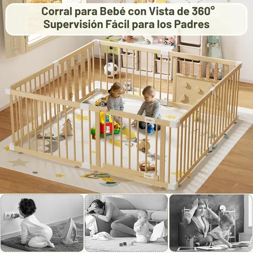 Vista 7 de Parque infantil de madera para bebés con puerta de seguridad, patio grande de 64 "x 64" para bebés Natural Pine Wood Playpen with Built-in Toys