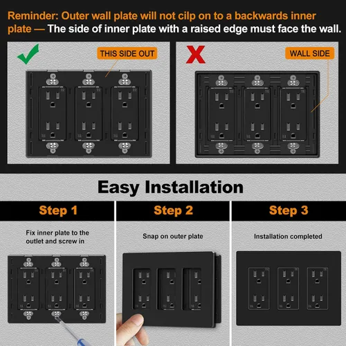 Vista 6 de CML - Placa de pared decorativa negra sin tornillos de 3 segmentos, paquete de 2 cubiertas de receptáculo de salida y placa de interruptor, cara