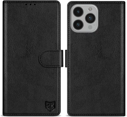 Vista 25 de ZZXX Funda tipo cartera para iPhone 14 Plus con bloqueo RFID, ranura para tarjetas, función atril, cierre magnético, funda protectora de cuero Negro