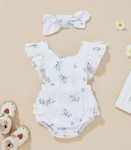 Vista 2 de Mameluco con volantes y diadema con estampado de margaritas para bebé, diseño floral, ropa de verano