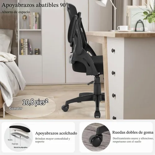 Vista 4 de Silla de oficina ergonómica, cómoda silla de escritorio con brazos abatibles, silla de computadora de malla con soporte lumbar ajustable, sillas