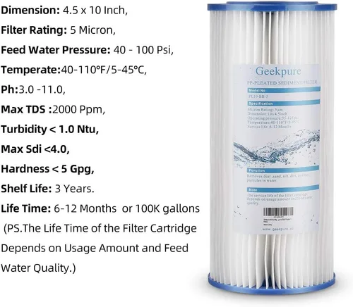 Vista 3 de Geekpure Filtro de repuesto de sedimento de polipropileno plisado de 10 pulgadas para toda la casa, 4.5 x 10 pulgadas, 5 micras, paquete de 4