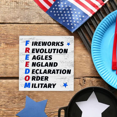 Vista 5 de Letrero patriótico de escritorio con texto en inglés «Happy 4th of July » Fuegos artificiales, Revolución, Águilas, Inglaterra, Declaración