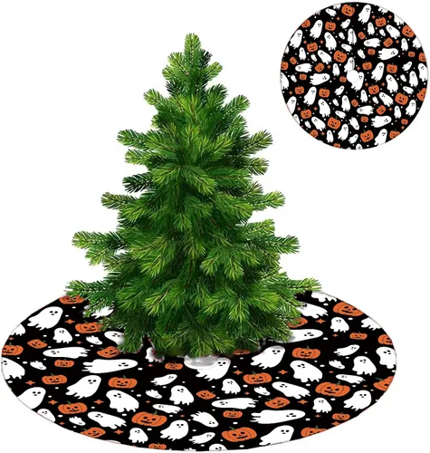 Vista 5 de Falda de árbol de Halloween, falda de árbol de calabazas fantasmas de Halloween, falda de árbol de Halloween de 48 pulgadas, tapete de árbol
