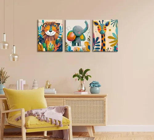 Vista 8 de 3 piezas de lienzo de animales de safari para guardería, arte de pared, lindo elefante acuarela, jirafa, león, decoración de pared, coloridos Póster