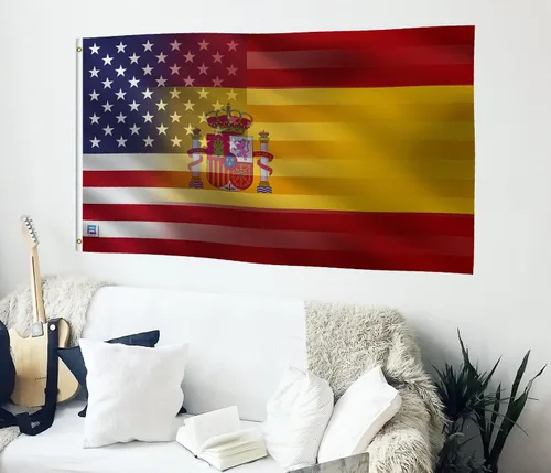 Vista 4 de Bandera híbrida española americana de 3 x 5 pies: pancarta 100% poliéster, ojales de latón y cabecera de lona fuerte, para uso en exteriores