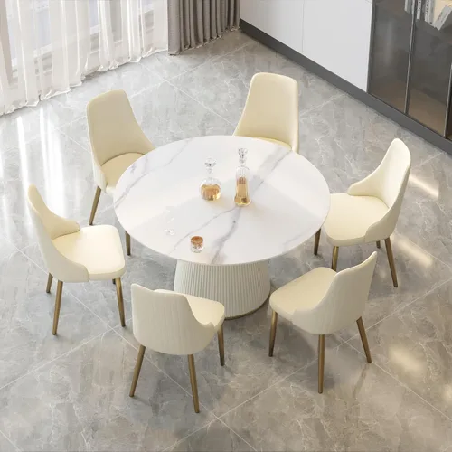 Vista 3 de Mesa de comedor redonda para 6, mesa de piedra sinterizada con marco de madera maciza, mesa de comedor blanca de 53 pulgadas para comedor y cocina