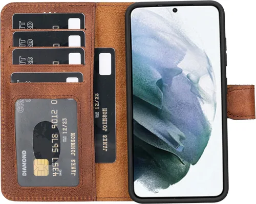 Vista 21 de HARDISTON Funda tipo cartera compatible con Samsung Galaxy S21, hecha a mano, de piel auténtica, cubierta magnética desmontable tipo flip con Negro