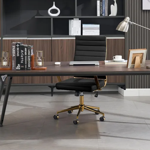 Vista 8 de Okeysen Silla de escritorio de oficina dorada, sillas ergonómicas de cuero modernas para sala de conferencias, silla ejecutiva acanalada ajustable