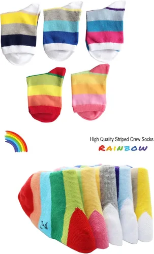 Vista 4 de Litomatic Calcetines de algodón sin costuras para niñas, calcetines casuales para niños, calcetines escolares con rayas de arcoíris, paquete de 5