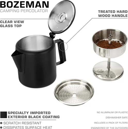 Vista 2 de COLETTI Bozeman Negra Cafetera Percoladora — Cafetera de Camping — La Cafetera Percoladora Más Elegante de América – SIN Aluminio ni Plástico