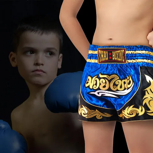 Vista 6 de SIAMKICK Pantalones cortos de Muay Thai para niños (4 años a 10 años), boxeo, kickboxing, artes marciales mixtas para niños y niñas