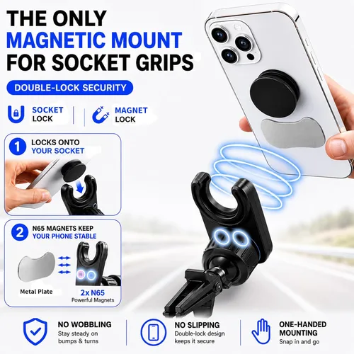 Vista 2 de MCCHJoy Soporte magnético para automóvil 2X-Hold para PopSockets, fácil de instalar, montaje de ventilación de aire, ajustable y seguro, se adapta a