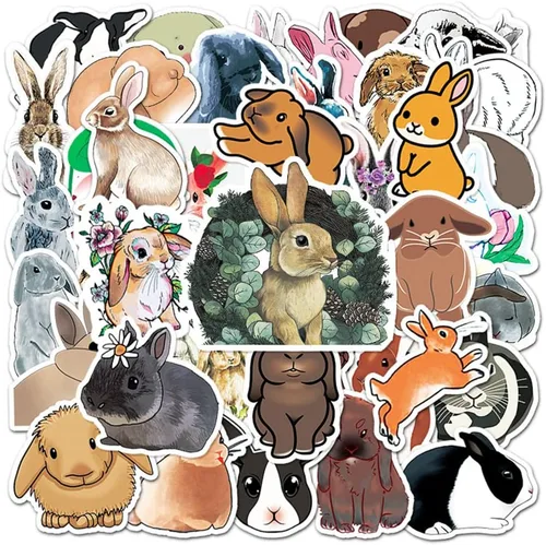 Vista 4 de Lindas 50 calcomanías de conejo de dibujos animados, calcomanías de conejo, vinilo impermeable, paquete colorido surtido para niños, adolescentes