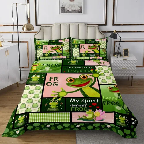Vista 2 de Manfei Juego de colcha de verano con diseño de ranas de dibujos animados, diseño de animales de estanque, decoración de habitación de niños, niñas