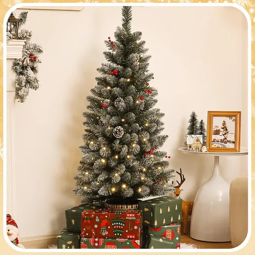 Vista 4 de Decoway Árbol de Navidad de 4 pies preiluminado, mini árboles artificiales con base de maceta dorada, nieve flocada, 70 luces LED blancas cálidas