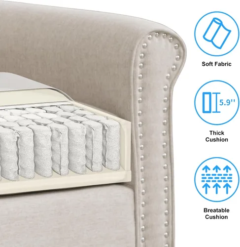 Vista 4 de PUREMIND Juego de sofá de 2 piezas para muebles de sala de estar, juego de sofá y silla de oficina moderno de lino con patas de madera maciza, sofá