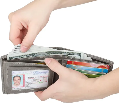 Vista 5 de Billetera para hombrecon RFID bloqueo plegable en 3, piel genuina, cartera con 2ventanas para identificación