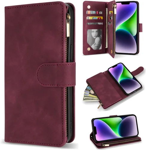 Vista 27 de ZZXX Funda tipo cartera para iPhone 14 Plus con [Bloqueo RFID] Ranura para tarjetas Cuero PU suave premium con cremallera tipo folio plegable