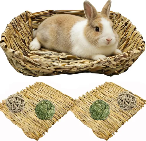 Vista 10 de Hamiledyi Cama de hierba de conejo, alfombrilla de heno natural hecha a mano, bolas masticables para conejo, chinchilla, conejillo de indias, hurón