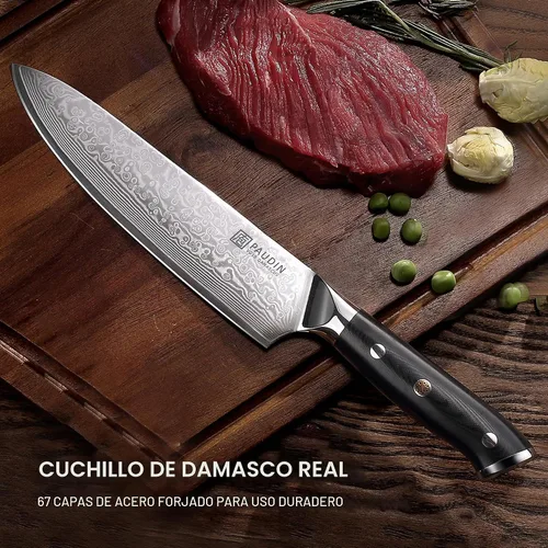 Vista 6 de PAUDIN Cuchillo de chef de Damasco, cuchillo de cocina de 8 pulgadas, cuchillo de acero de Damasco de 67 capas, núcleo japonés VG10, cuchillo
