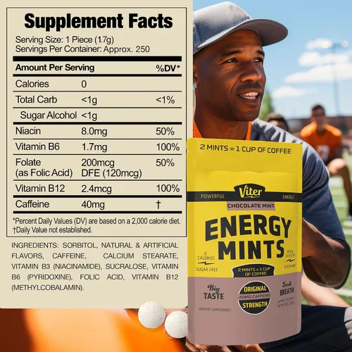 Vista 7 de Viter Energy Mentas de cafeína de 40 mg, sin azúcar, vitaminas B, veganas, aumenta el enfoque de alerta energizado rápido, píldoras de suplemento