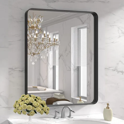 Vista 39 de LOAAO 20x16 Pulgadas Espejo de Baño con Marco de Metal Negro para Pared, Espejo de Tocador de Baño de Estilo Granja, Espejo Grande Rectangular