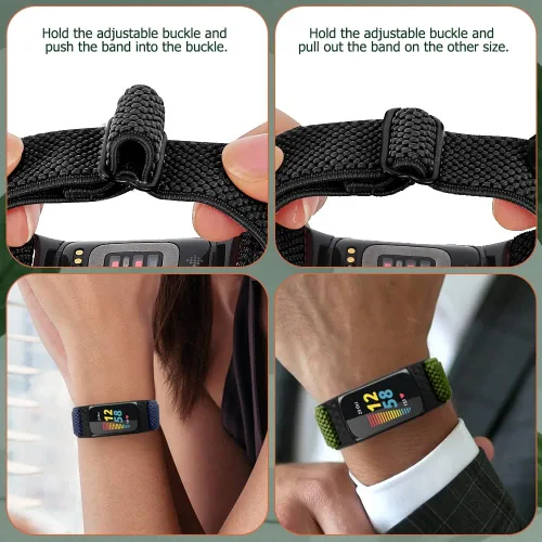 Vista 4 de enkic Bandas elásticas de nailon compatibles con Fitbit Charge 5, paquete de 4 correas elásticas suaves y ajustables, transpirables, correa