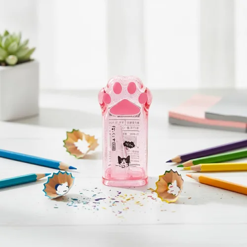 Vista 3 de 4 sacapuntas manuales rosas y grises para niños, sacapuntas de garra de gato con tapa para suministros de oficina y hogar, sacapuntas