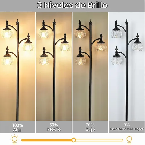 Vista 3 de JUNNAI Lámparas de pie negras para sala de estar, lámparas de pie de 66.5 pulgadas con pantalla de cristal, luces de brillo de 3 vías, lámpara