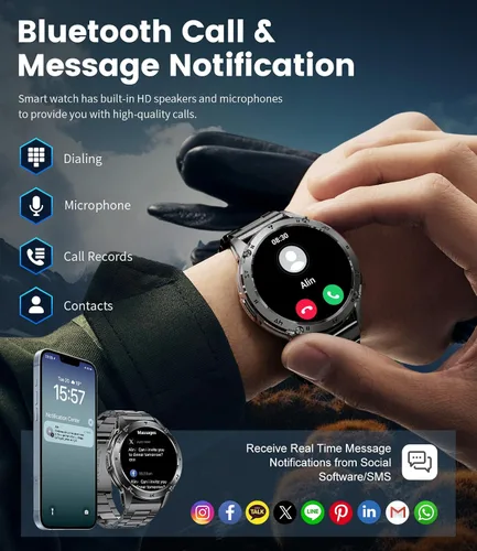 Vista 3 de LIGE Reloj inteligente militar para hombre, iPhone, Android, 1.43 pulgadas, HD, amoled, resistente, 120+ modos deportivos, IP68, impermeable